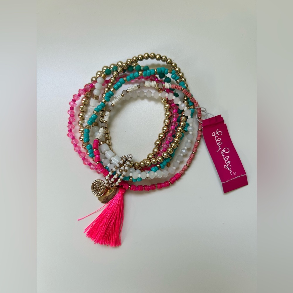 Lilly Pulitzer CABANA COCKTAIL BRACELET SET Gold Blue Pink Tassel + Dust Bag